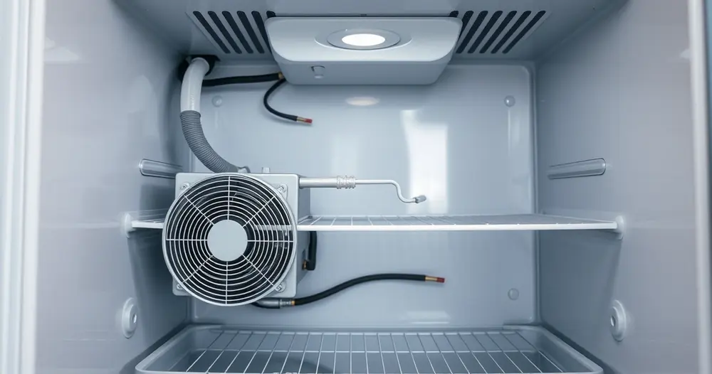 Parte traseira de geladeira com condensador e compressor visíveis
