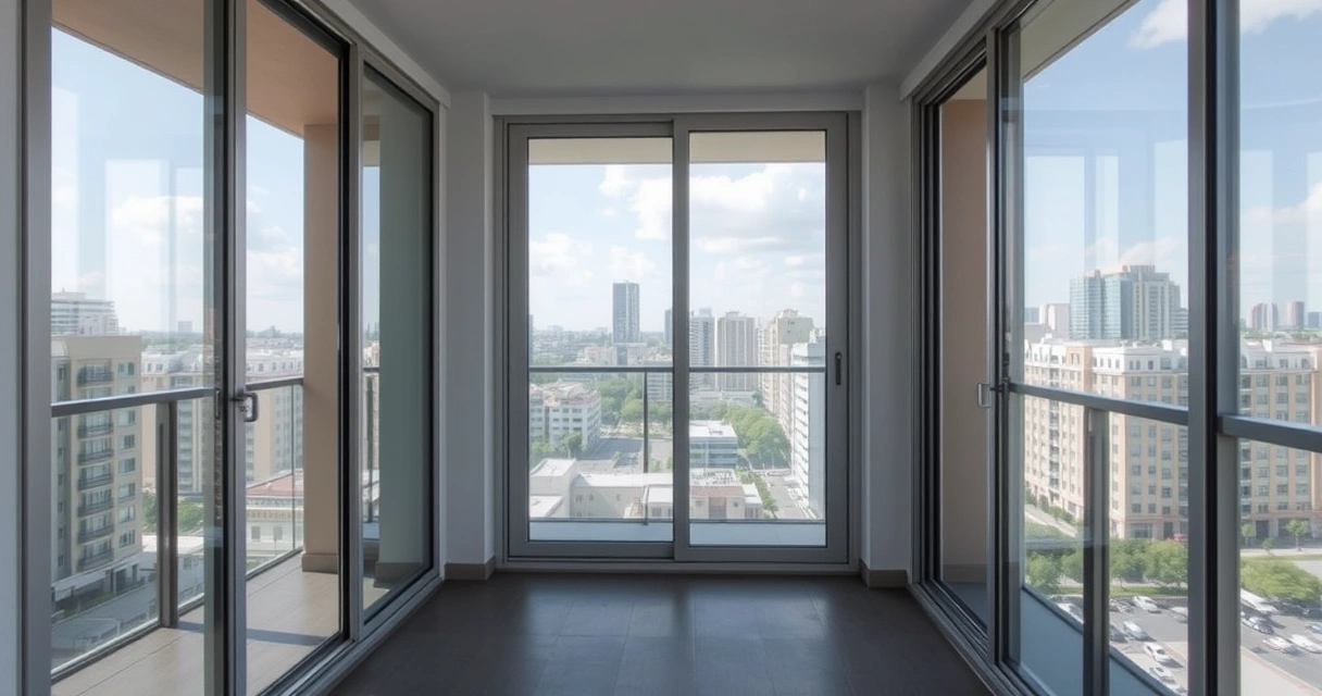 Varanda de apartamento fechada com painéis de vidro e vista da cidade
