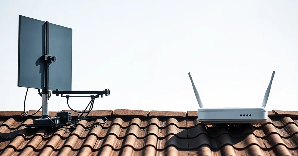 antena de televisão e roteador de internet lado a lado